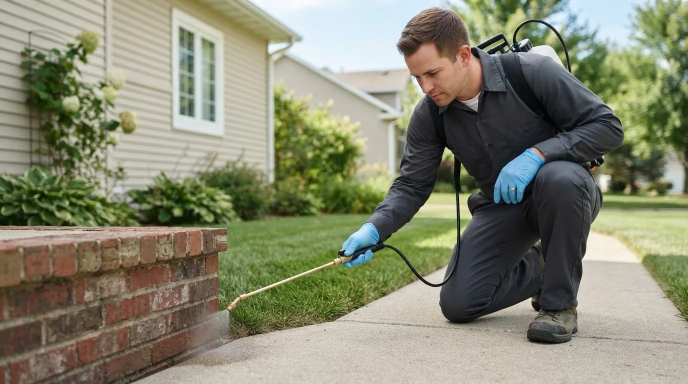 Pest control technician treating a home near Little Falls, MN
