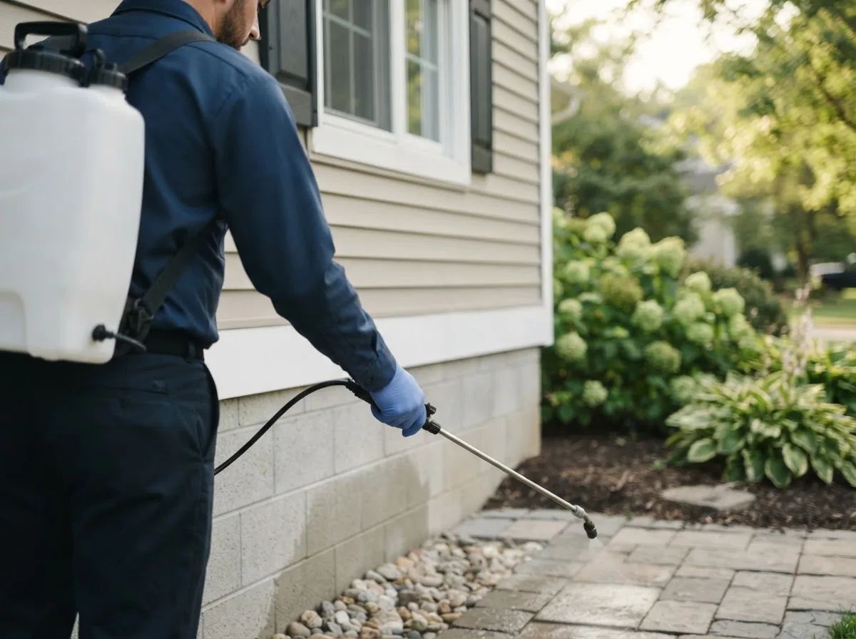 Pest control technician inspecting a home in Little Falls, MN